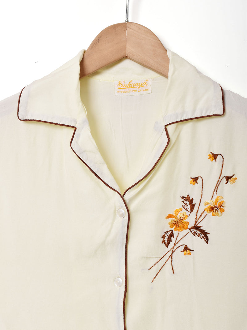 花刺繍 半袖 オープンカラーシャツ