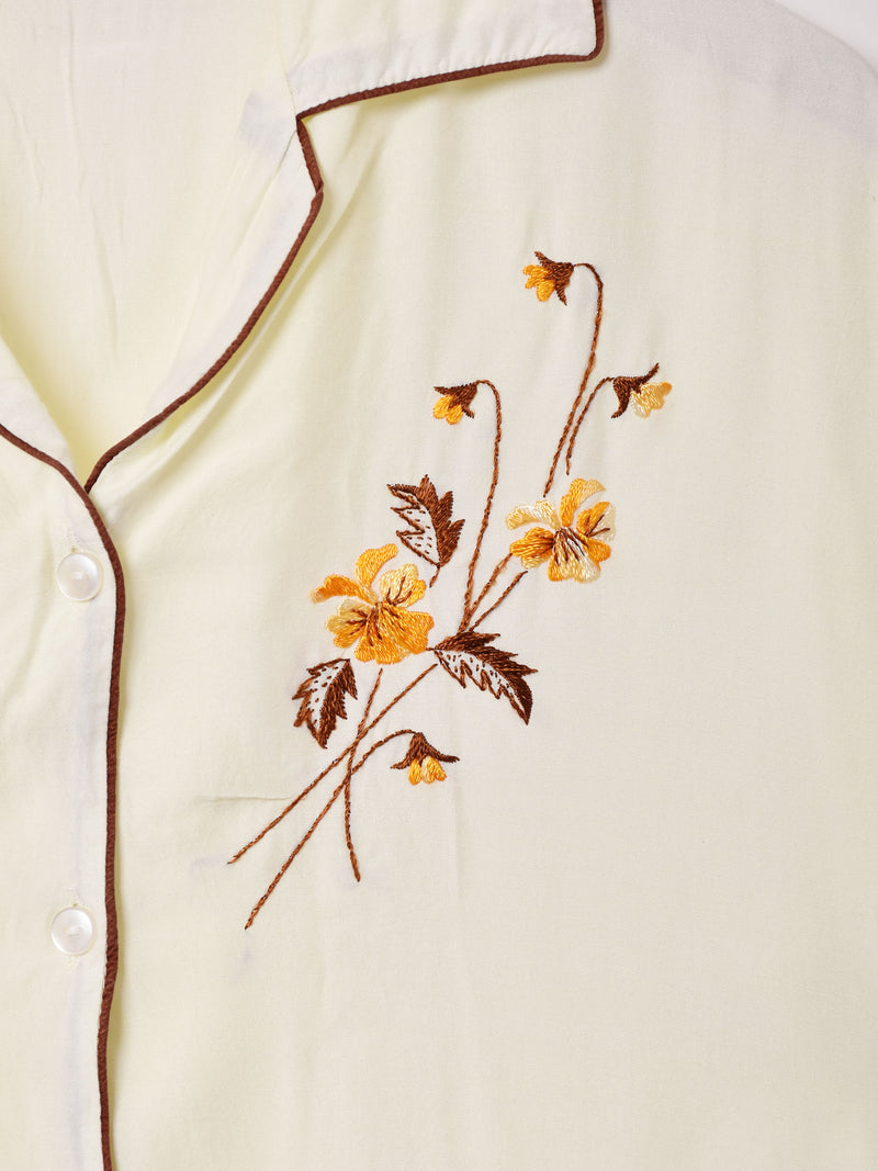 花刺繍 半袖 オープンカラーシャツ