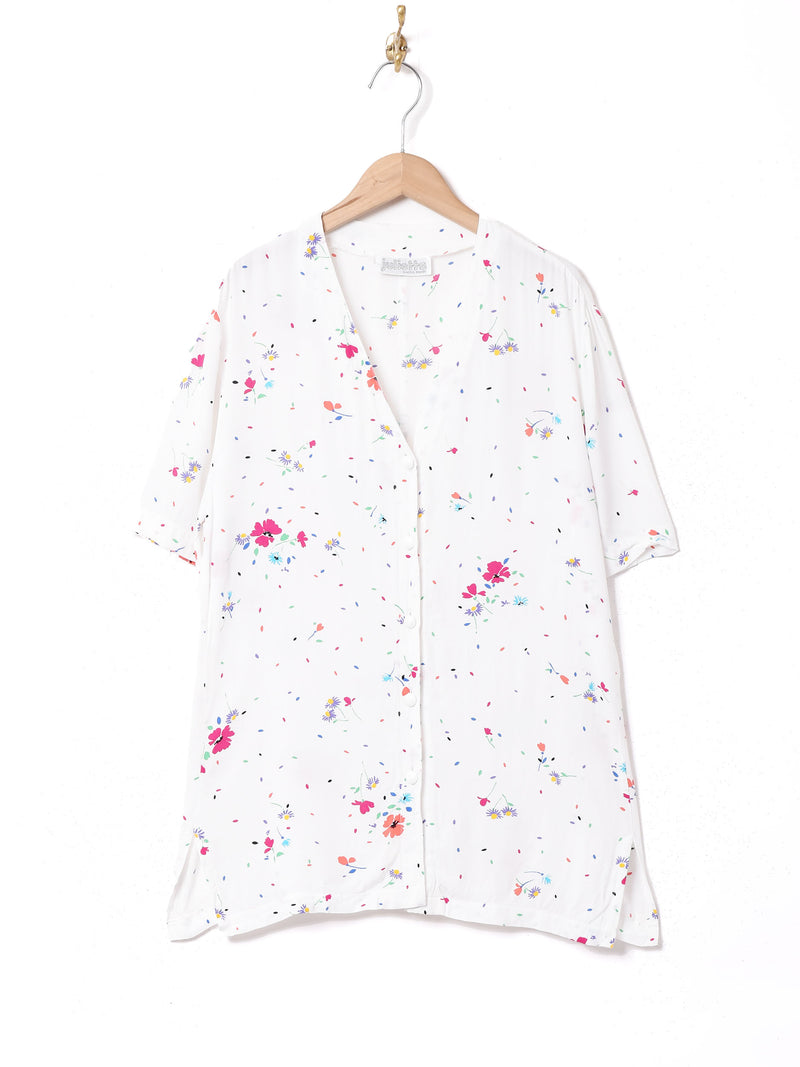 花柄 半袖ノーカラーシャツ