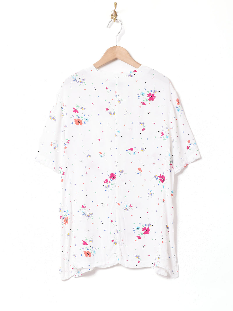 花柄 半袖ノーカラーシャツ