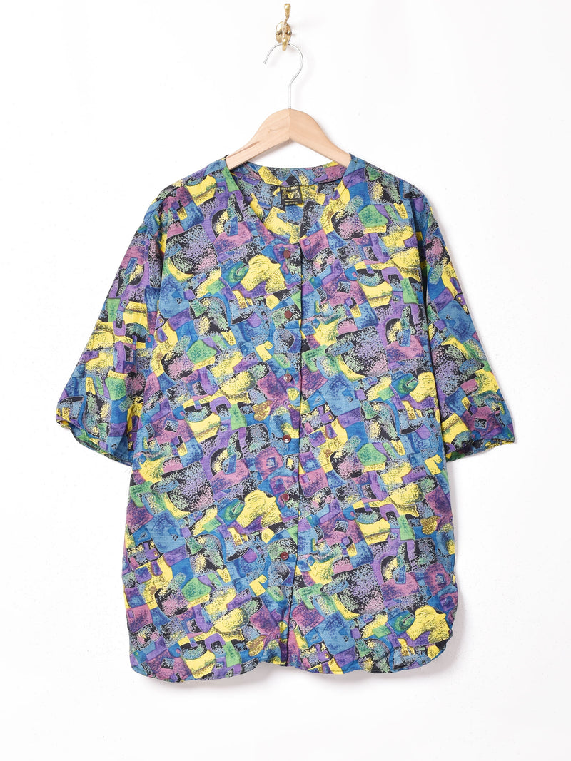 西ドイツ製 総柄 ノーカラー半袖シャツ
