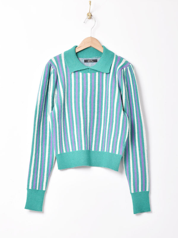 【3色展開】Meridian ストライプ 襟付きセーター