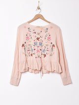 バックリボン 刺繍長袖トップス