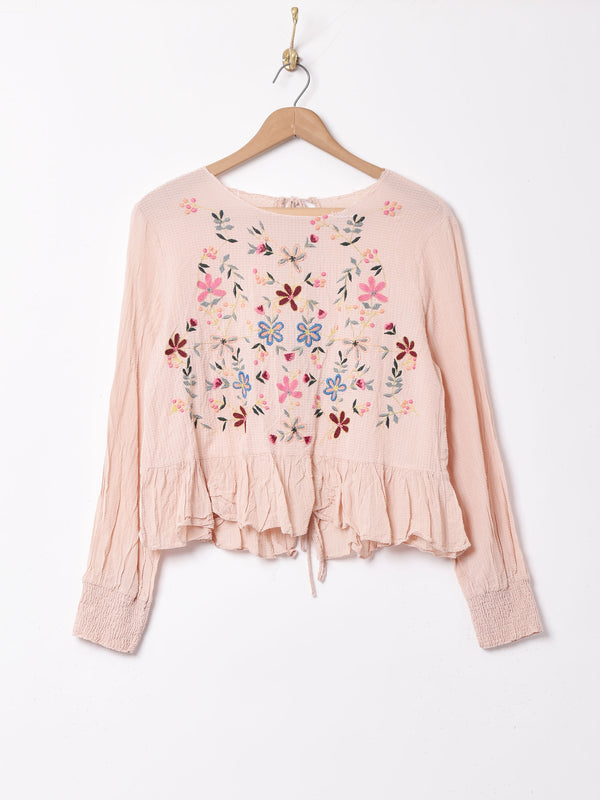 バックリボン 刺繍長袖トップス