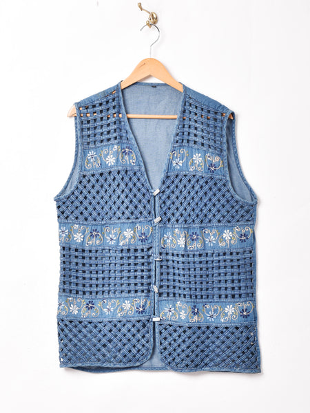 刺繍メッシュベスト 刺繍入り デニムメッシュベスト – 古着屋Top of the Hillの