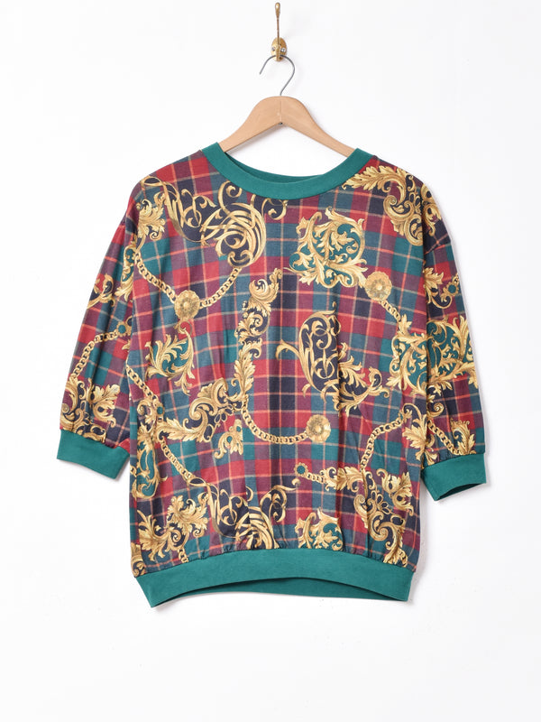 チェック ハーフスリーブ リブトップス