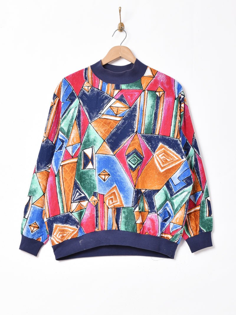 総柄 リブ 長袖トップス