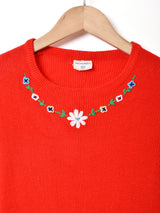 花刺繍 リブ 半袖セーター