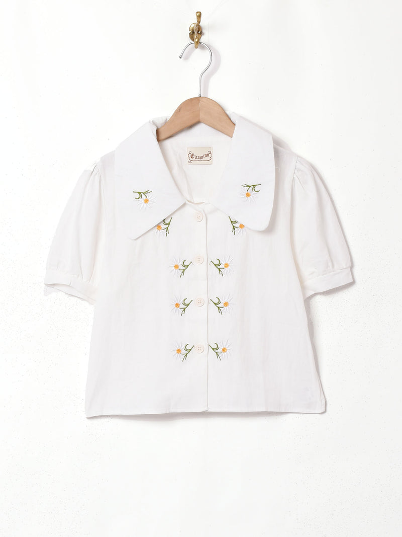 Elcamino マーガレット刺繍 半袖ブラウス