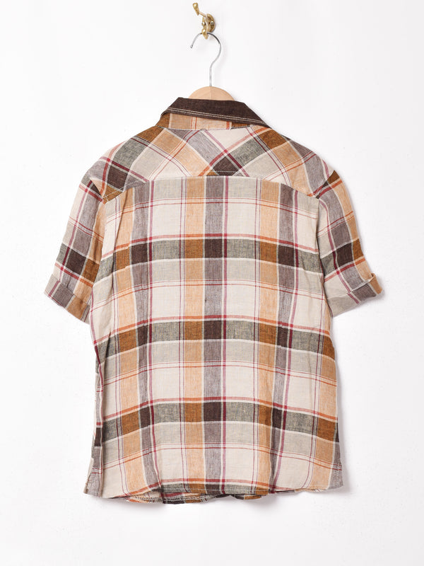 イタリア製 チェック柄 半袖リネンシャツ