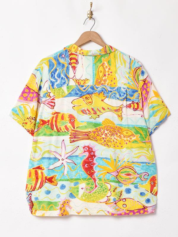 ハワイ製 総柄 マルチカラー 半袖 オープンカラーシャツ