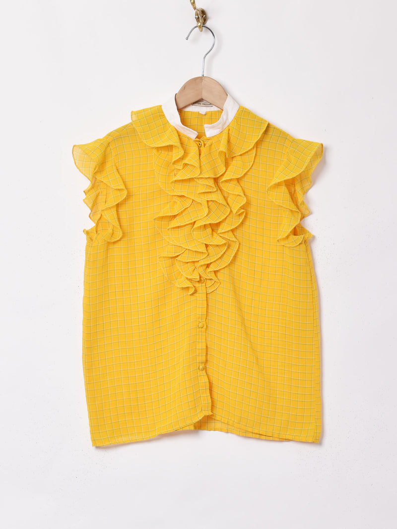 チェック柄 フリル スリーブレスブラウス