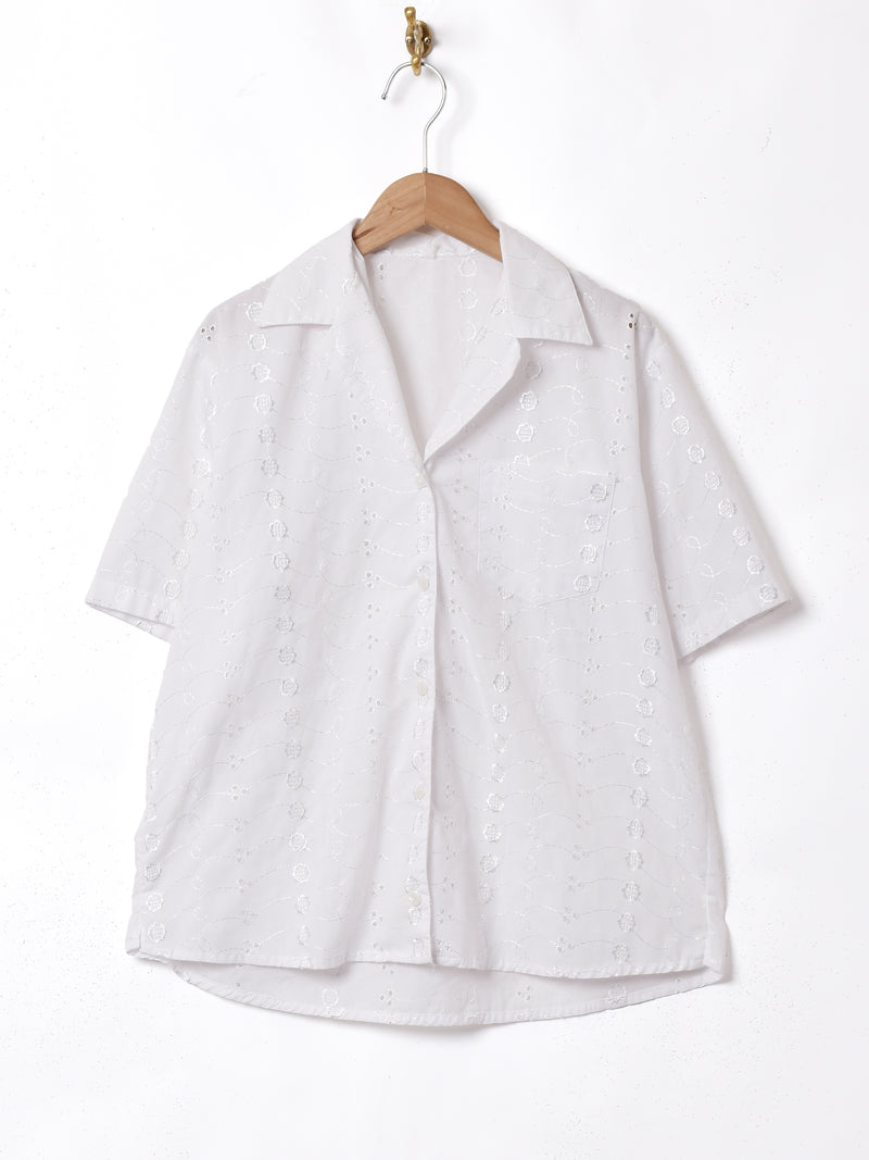 イタリア製 カットワーク 刺繍 オープンカラー半袖シャツ