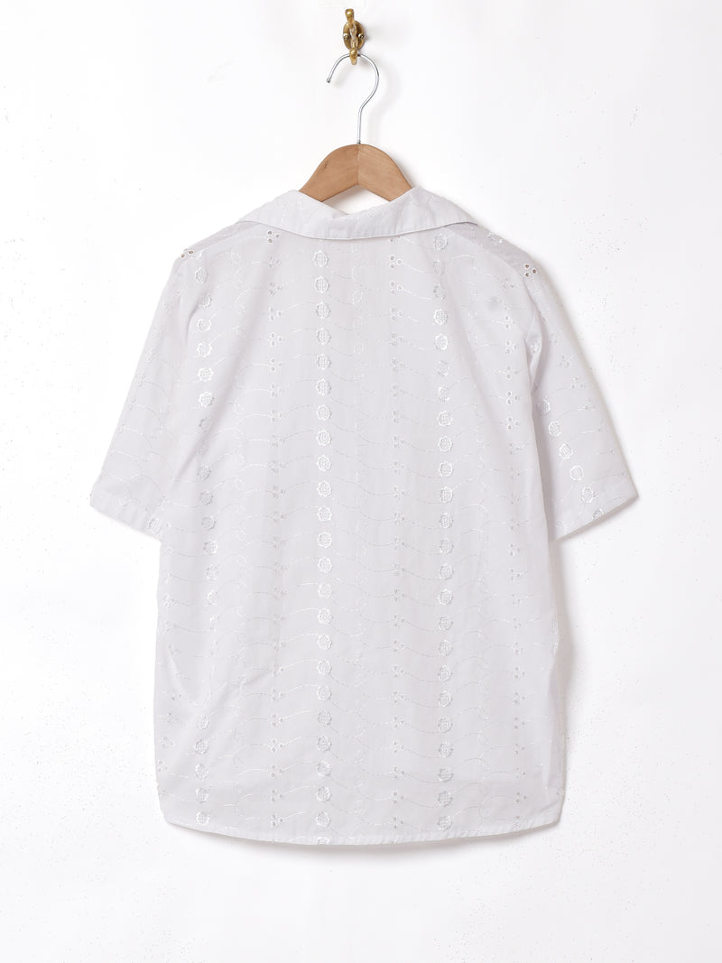 イタリア製 カットワーク 刺繍 オープンカラー半袖シャツ