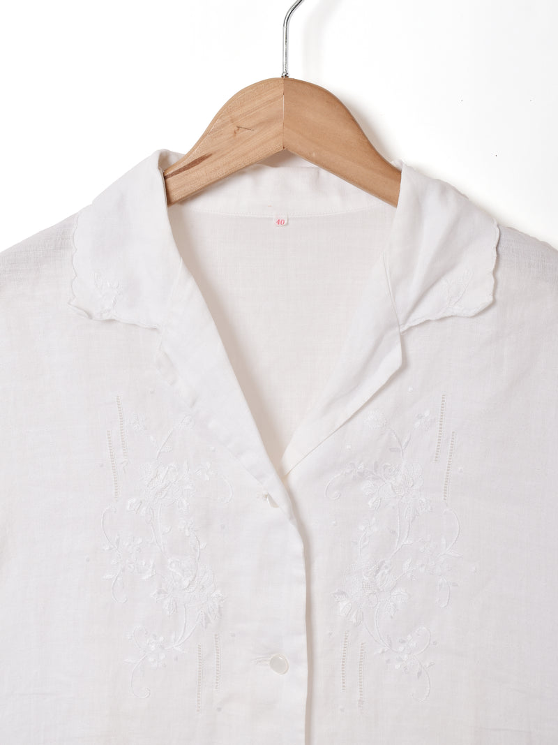 刺繍 スカラップ オープンカラー 半袖シャツ