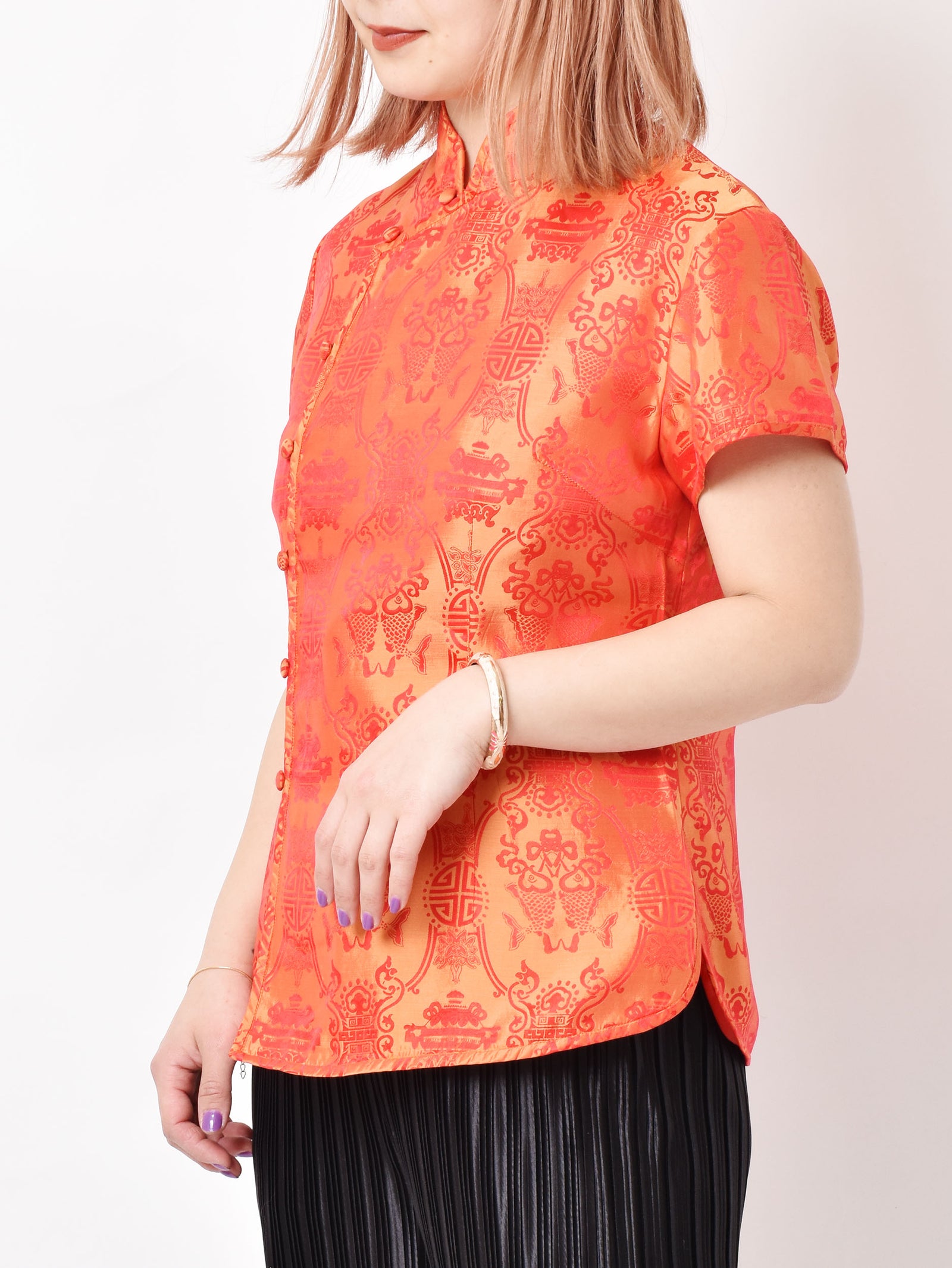 ナゴンスタンス　半袖シャツ　オレンジ　M 夏服 チャイナデザイン 半袖シャツ オレンジ – 古着屋Top of the Hill